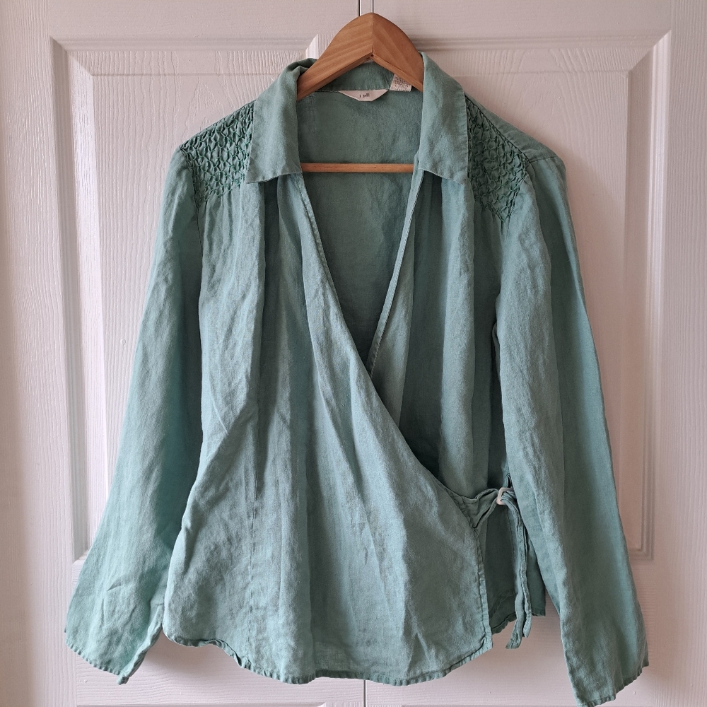 Women's J. Jill Vintage Coastal Green Wrap Blouse Size Medium